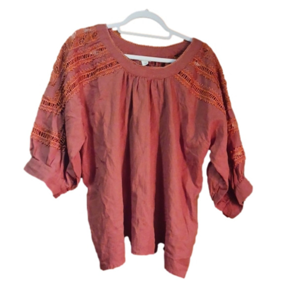 Sundance Crochet Embroidered Boho 3/4 Sleeve Top - Picture 3 of 7